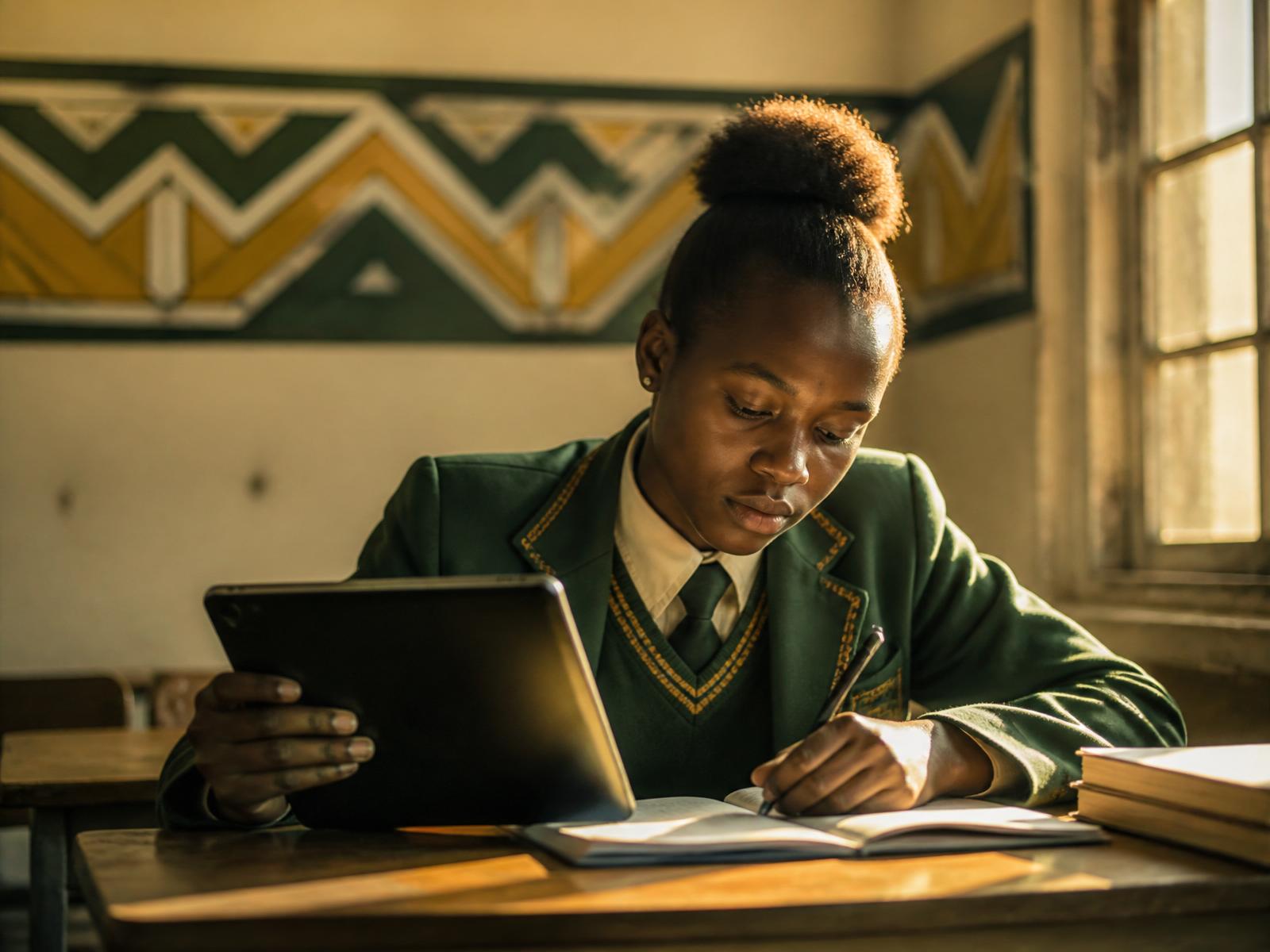 A South African student studying with a tablet and notebook